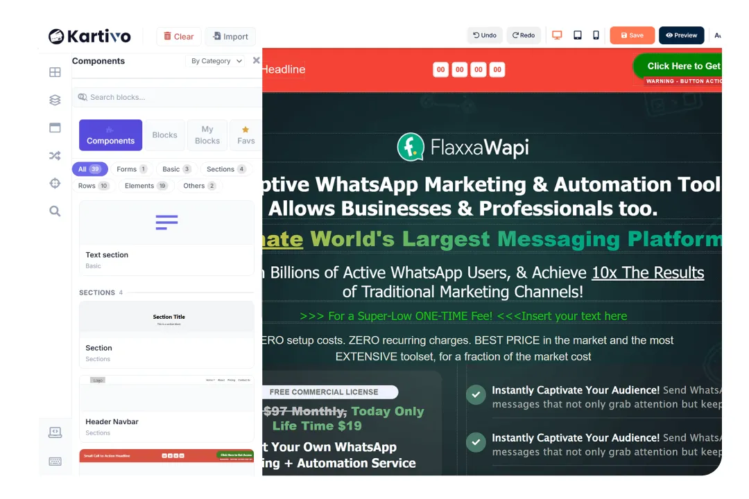 Kartivo drag-and-drop page builder with template blocks